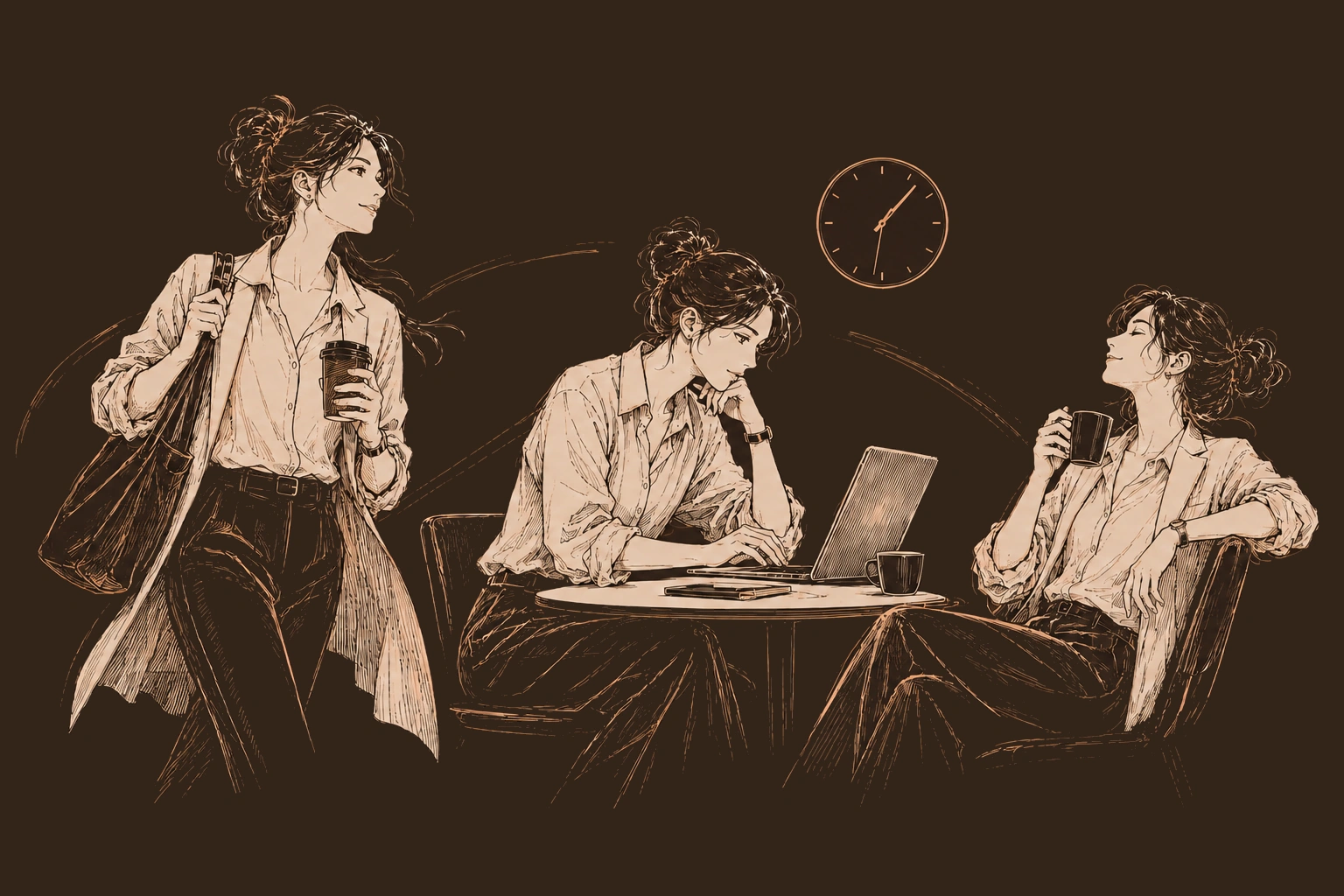 朝から夜まで、柔軟な時間帯で働く様子を描いたイラスト