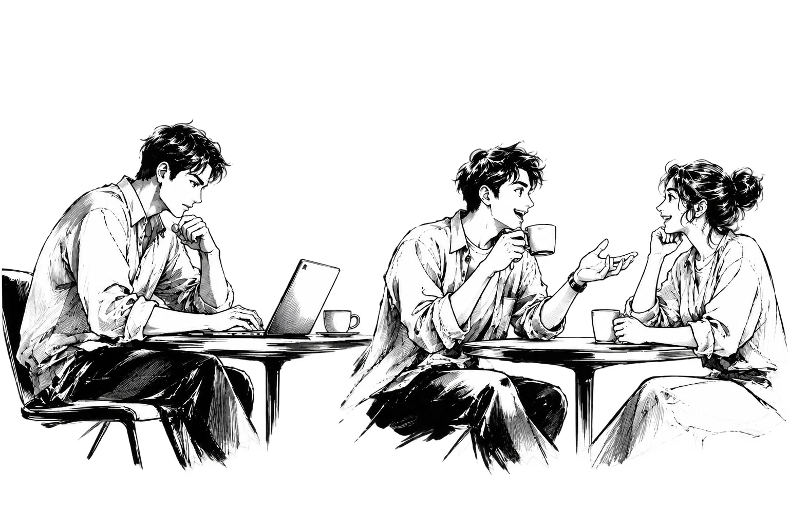 集中して作業する人と、会話を楽しむ人が共存するコワーキング空間のイラスト