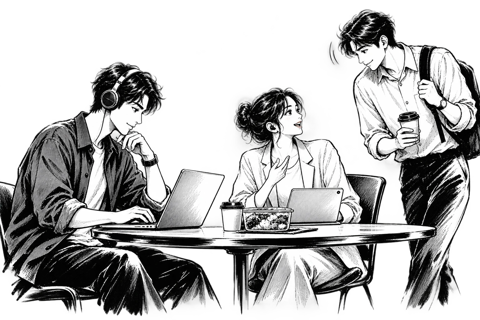 イヤホンやWeb会議、飲食時の配慮を表すイラスト